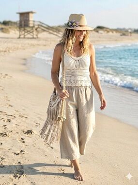 Linen wide leg cropped boho lounge pants w resort vacay shabby chic beach vibe
